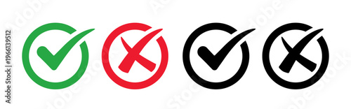 Green checkmark and red cross x icon hand drawn vector set, minimal black marker doodle validation symbols for approved and rejected concepts, grading, surveys, and right or wrong feedback.