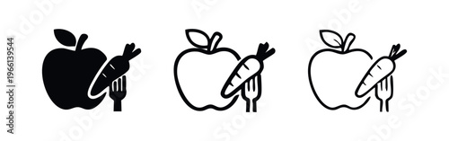 Healthy eating icon with apple, carrot, and fork, representing a nutritious meal or diet.
