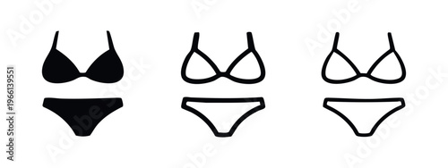 Bikini swimsuit icon set with solid glyph, outline, and thin line styles, perfect for summer designs.
