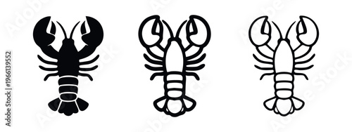 Stylized lobster icon set in solid, outline, and thin line vector styles, isolated on white.