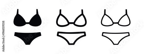 Summer bikini swimwear icon set in solid, outline, and thin line vector styles, on white.