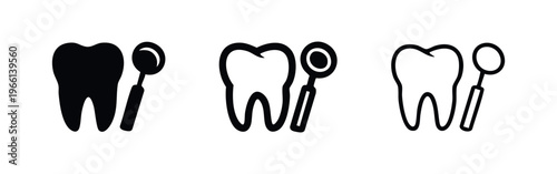 Tooth and dental mirror icon set for dentistry, featuring solid, outline, and thin line styles.