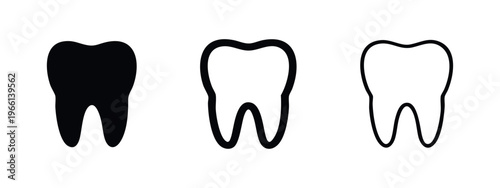 Healthy tooth icon set in solid glyph, outline, and thin line variations, dental care symbol.