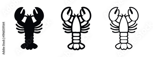 Lobster icon set in three styles: solid glyph, outline, and thin line vector illustrations.