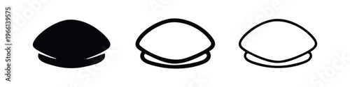 Stylized clam or oyster shell icon set with solid, outline, and thin line variations on white.