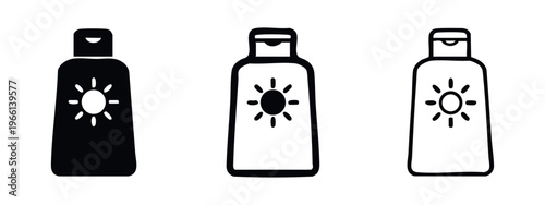 Sunscreen lotion bottle icon set in solid glyph, outline, and thin line styles for skin protection.