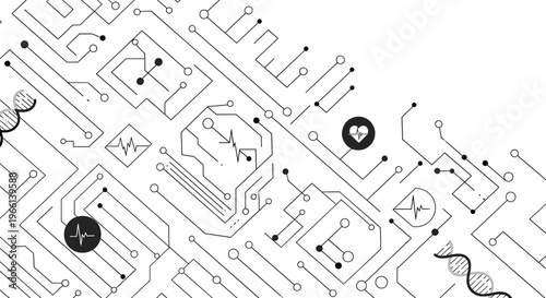 This minimalist image depicts a circuit board design featuring a heartbeat signal within a circle, evoking themes of technology, life, and vital signs