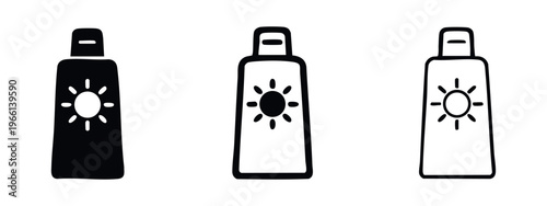 Sunscreen Bottle Icon Set with Sun Symbol - Minimalist Summer Skincare Pictograms