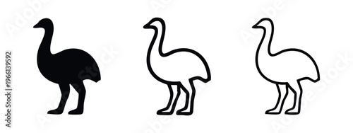 Flightless Bird Icon Set - Emu or Ostrich Silhouette Pictograms for Wildlife and Nature