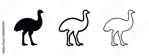 Emu or Ostrich Bird Icon Set - Flightless Animal Silhouettes for Wildlife Design