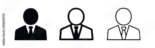 Business person icon set. Professional user profile symbol with tie in glyph, stroke, and line style. Corporate avatar.