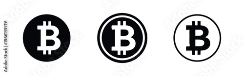 Bitcoin symbol icon set. Cryptocurrency value sign in glyph, stroke, and line style. Digital finance and investment.