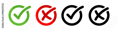Green checkmark and red cross x vector icon with marker doodle style, black hand drawn tick and x symbols for minimal validation, right and wrong choices, and approved or rejected decision status.