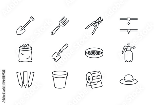 Collection of essential gardening tools and supplies for planting and maintenance