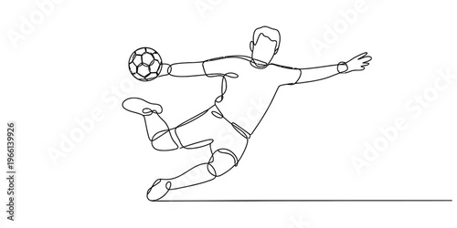 A single continuous line drawing of a determined goalkeeper jumping to catch a soccer ball midair