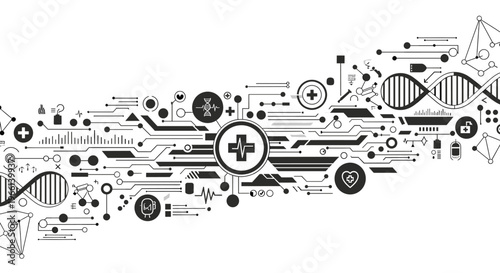 A detailed, monochrome illustration set depicting scientific concepts. Perfect for educational materials, websites, or articles related to biology, ch