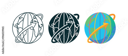 Global journey planning concept with arrow around the earth icons