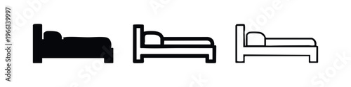 Bed Icon Set with Three Style Variations: Solid, Outline, and Thin Line Profile View of a Single Bed