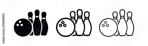 Bowling ball and pins icons in various styles. Recreation and sport game symbol.