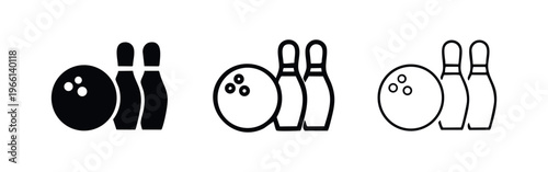 Bowling ball and pins icons in a compact arrangement, various styles. Sport game symbol.