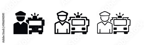 Firefighter and fire truck icons in different styles. Emergency service and rescue symbol.