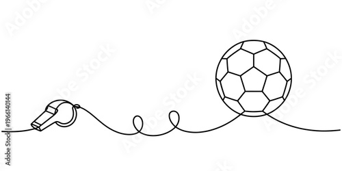 A minimalist continuous line drawing featuring a sports whistle connected to a soccer ball object