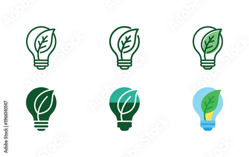 Set of green light bulb icons with leaf symbolizing eco-friendly energy and ideas