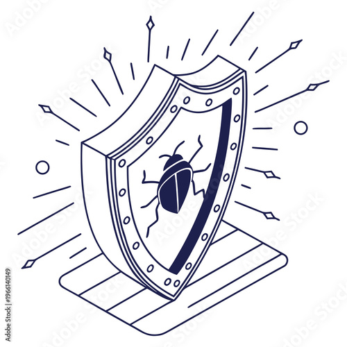 A shield with a bug on it protects against incoming threats