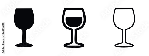 Wine Glass Icon Set: Solid, Filled with Liquid, and Outline Styles for Beverage and Celebration Symbols
