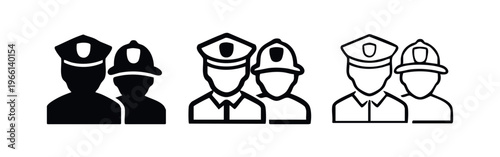 Police officer and firefighter icons in multiple styles. Emergency and public service personnel.