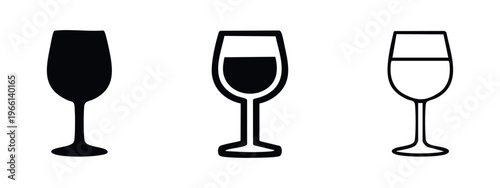 Wine Glass Icons with Various Liquid Levels: Solid, Half-Filled, and Outline Styles for Drinks