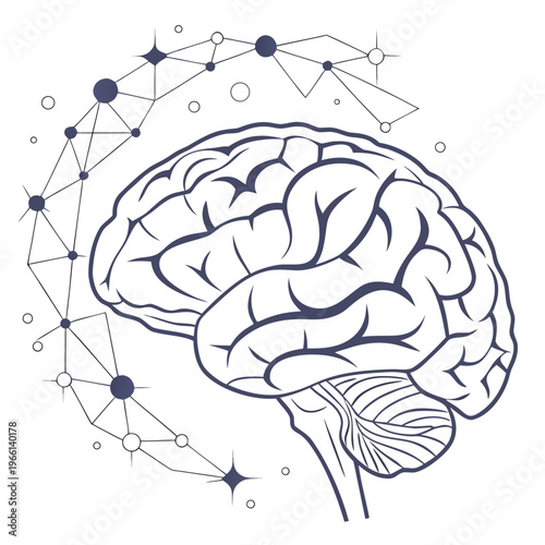 A blue line drawing of a human brain with a starry night sky