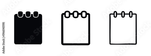 Spiral Notebook Icon Collection: Solid, Outlined with Rings, and Thin Outline Notepad Symbols