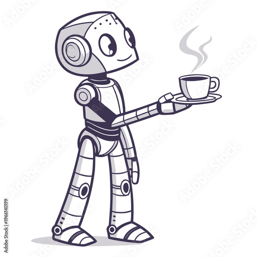 A robot holding a steaming cup of coffee