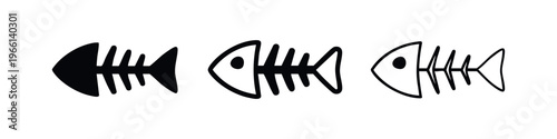 Fish skeleton icon set. Nautical or pet food remains symbols in solid and outline style on white background.