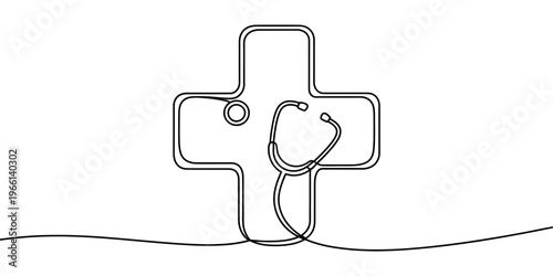 A single continuous line drawing of a medical cross symbol integrated with a doctor stethoscope