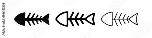 Fish skeleton icon set. Nautical or pet food remains symbols in solid and outline style on white background.