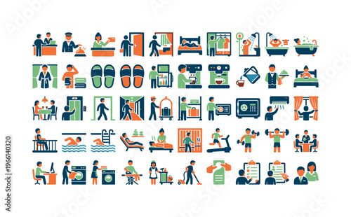 Hotel services and amenities icons for hospitality and travel industry