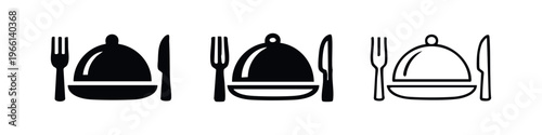 Restaurant cloche, fork, and knife icon set. Food service and dining symbols in solid and outline styles. Vector illustration.