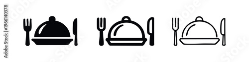 Restaurant cloche, fork, and knife icon set. Food service and dining symbols in solid and outline styles. Vector illustration.