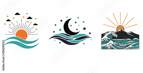 Three distinct graphic illustrations depict celestial bodies waves and mountainous landscapes high-quality professional detailed