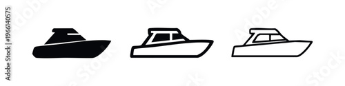 Motorboat Icon Set. Speedboat and Watercraft Symbols in Glyph, Outline, and Thin Line Styles.