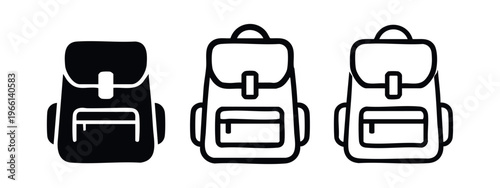 Backpack icon set with side pockets, solid and outline styles, school bag symbol