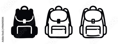 Backpack icon set with solid and outline styles, school bag, travel backpack symbol