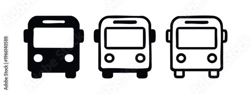 Bus icon set in solid and outline styles, public transport vehicle symbol