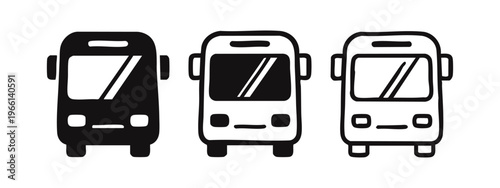 Bus icon set with distinct designs in solid and outline styles, transport vehicle symbol
