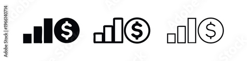 Financial statistics icon set. Bar chart with dollar sign coin symbol. Business income and earnings vector illustration.