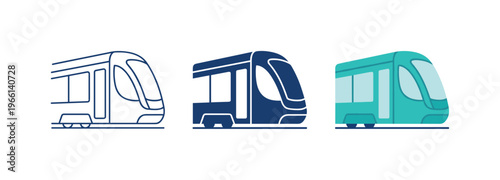 Modern tram icons in outline, solid blue, and teal colors on white background