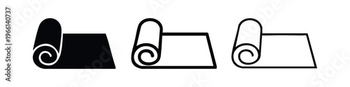 Rolled yoga or exercise mat icon set in filled, bold outline, and thin outline styles
