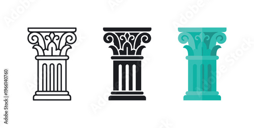 Three distinct styles of classical Corinthian column capitals and shafts
